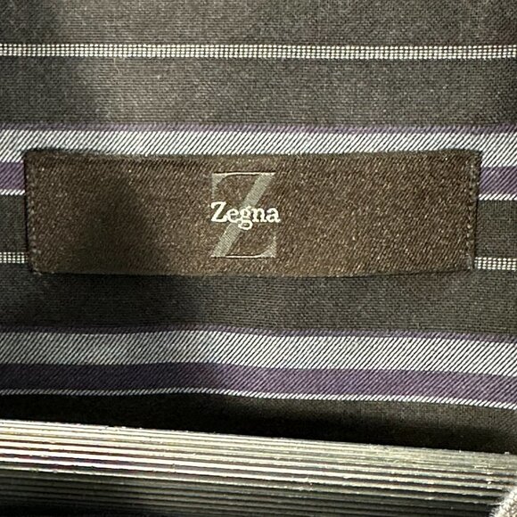 Z Zegna Mens 17 Purple Black Stripe Cotton Long Sleeve Button Up Button Cuffs - Picture 3 of 10